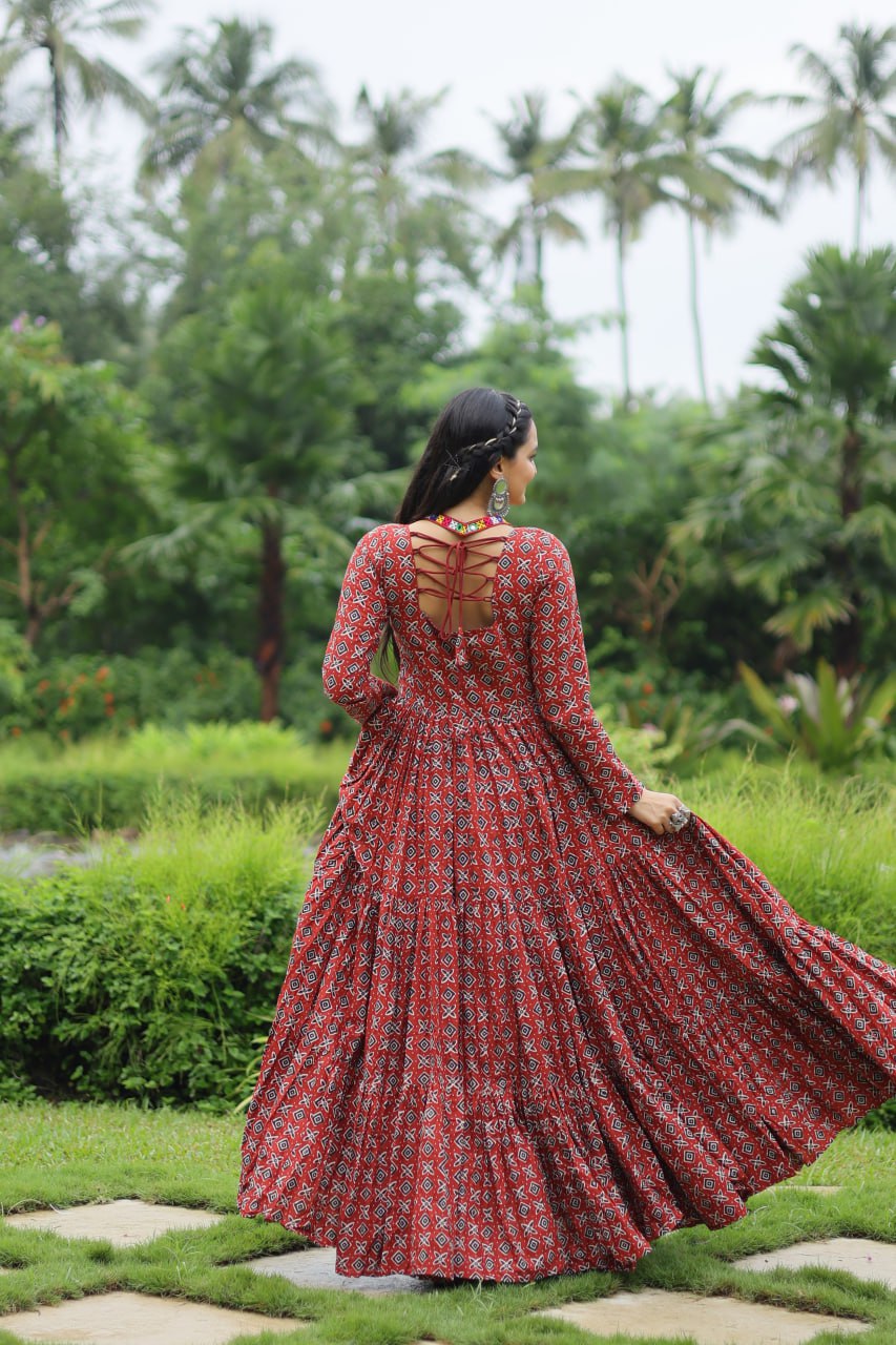 Red Designer Printed Cotton Gown with Kutchi Gamthi Lace and Kodi Work