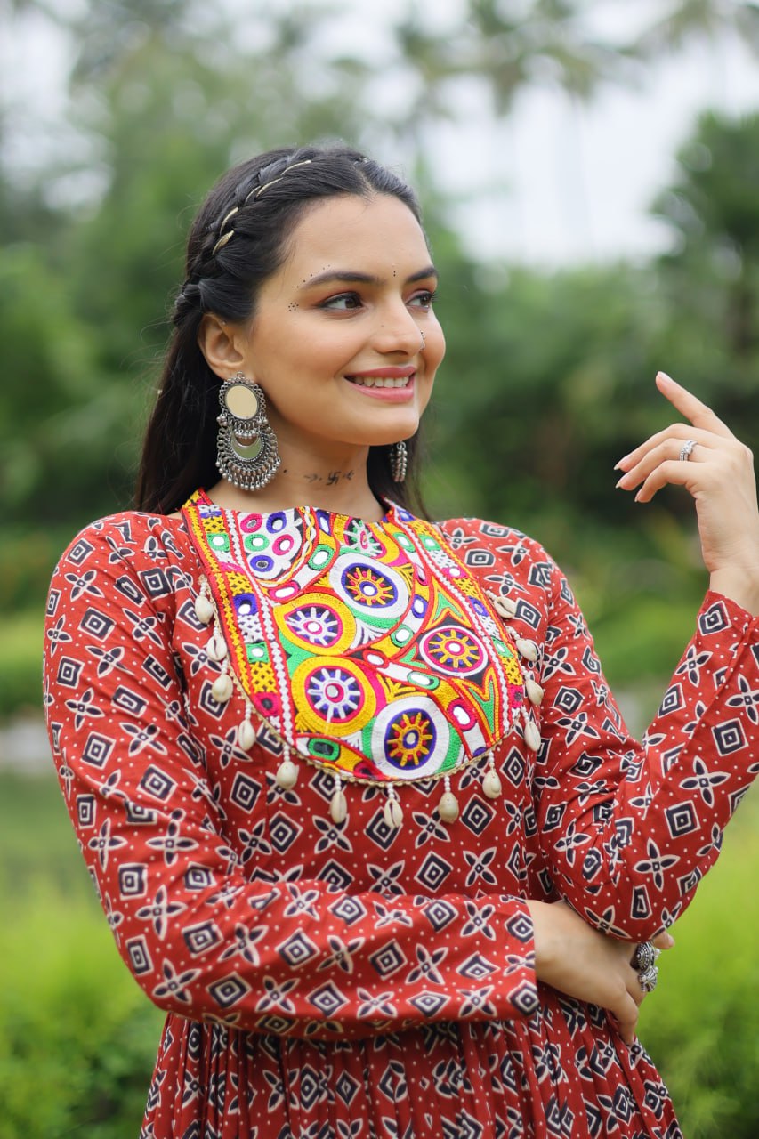 Red Designer Printed Cotton Gown with Kutchi Gamthi Lace and Kodi Work