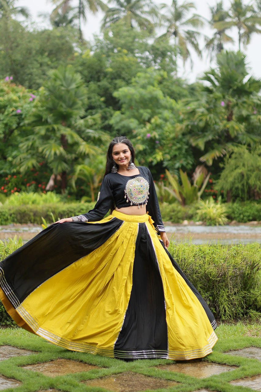 Black & Yellow Designer Readymade Rayon Lehenga Choli Set