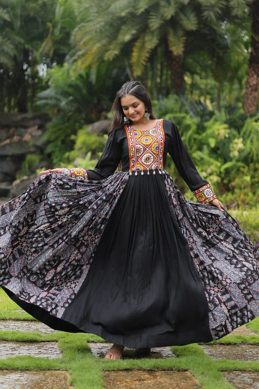 Black Designer Heavy Rayon Gown with Kutchi Gamthi Work and Printed Flair