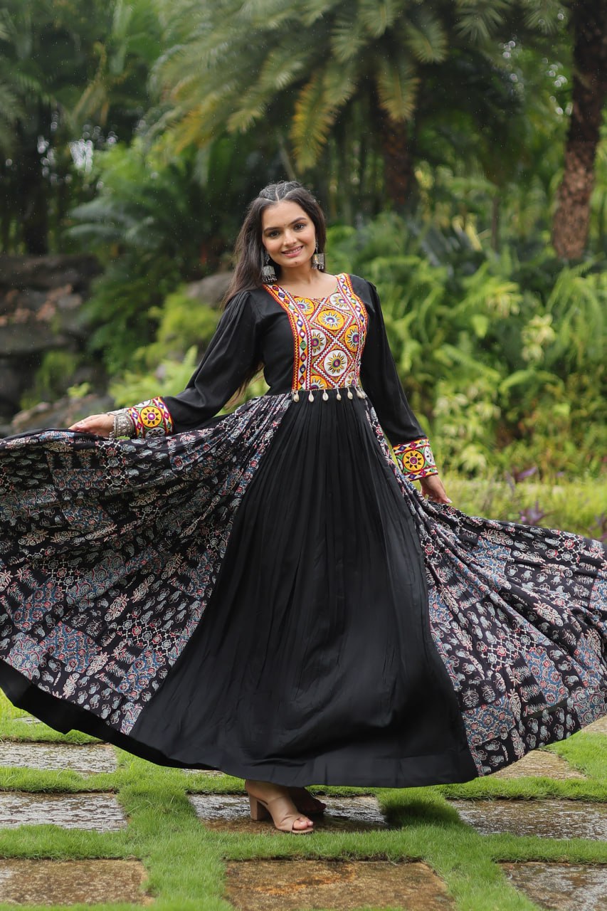 Black Designer Heavy Rayon Gown with Kutchi Gamthi Work and Printed Flair
