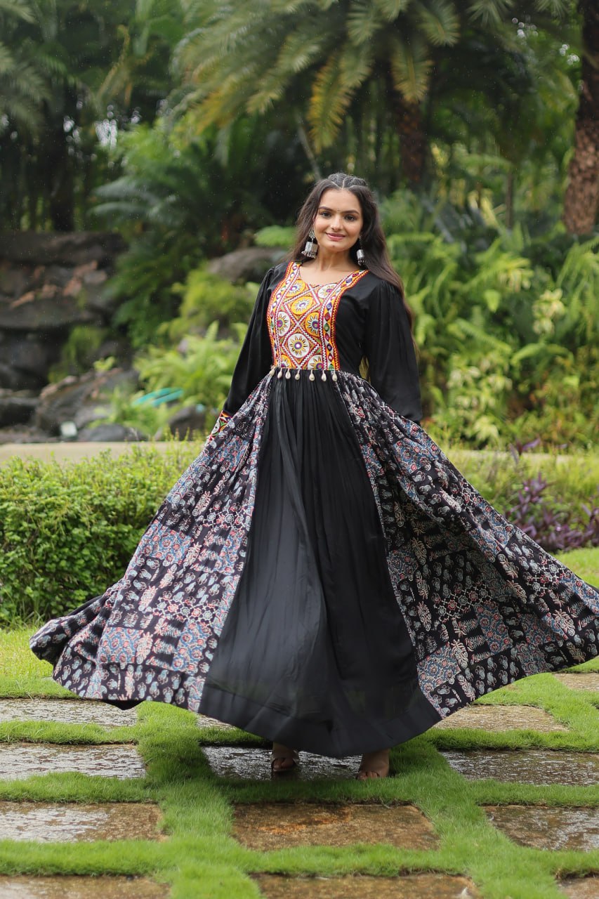 Black Designer Heavy Rayon Gown with Kutchi Gamthi Work and Printed Flair