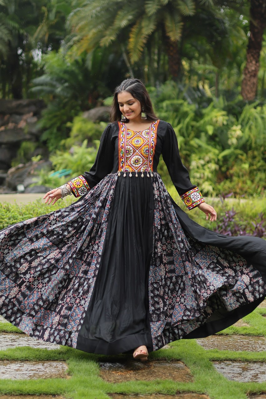 Black Designer Heavy Rayon Gown with Kutchi Gamthi Work and Printed Flair