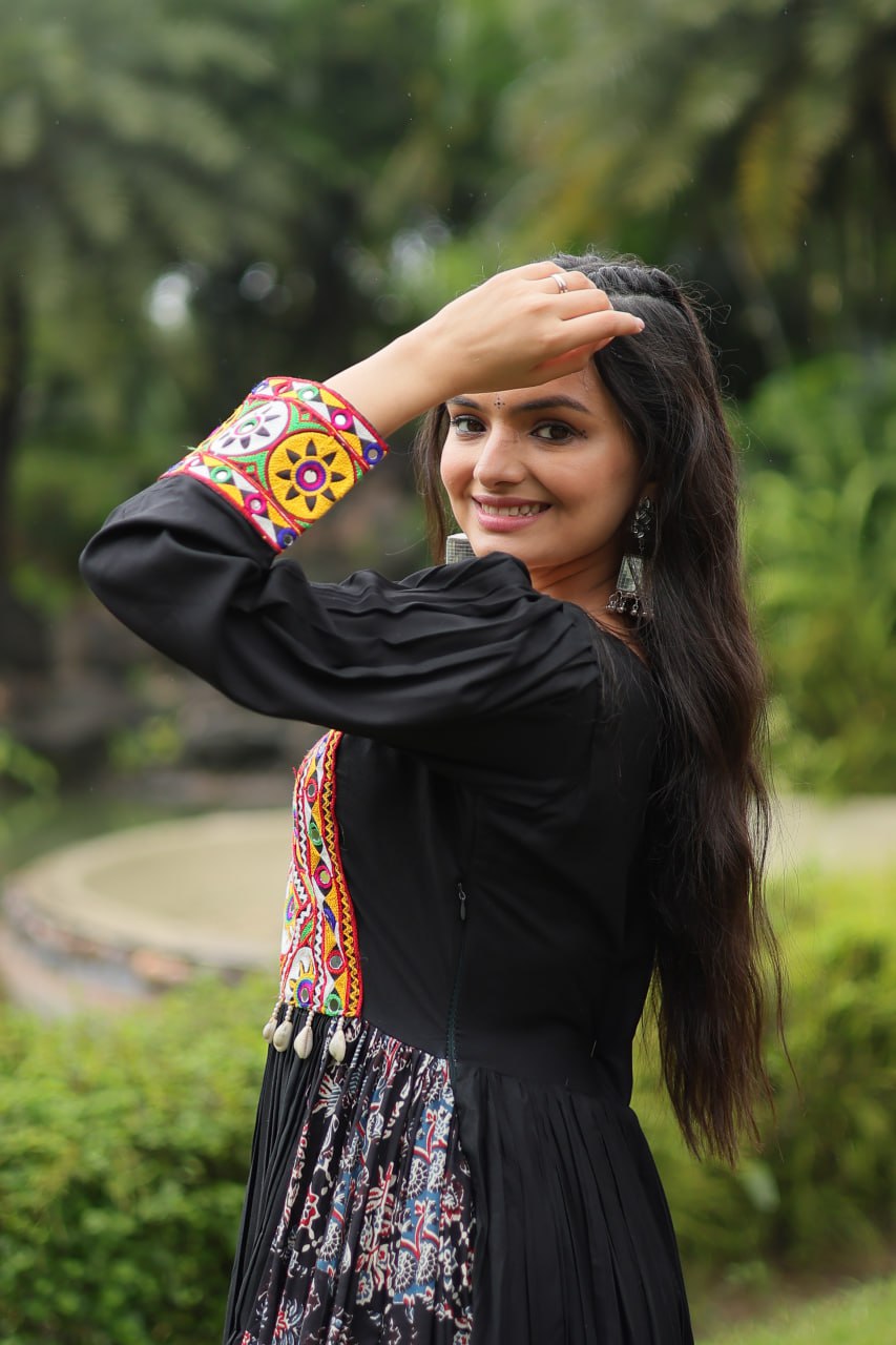 Black Designer Heavy Rayon Gown with Kutchi Gamthi Work and Printed Flair