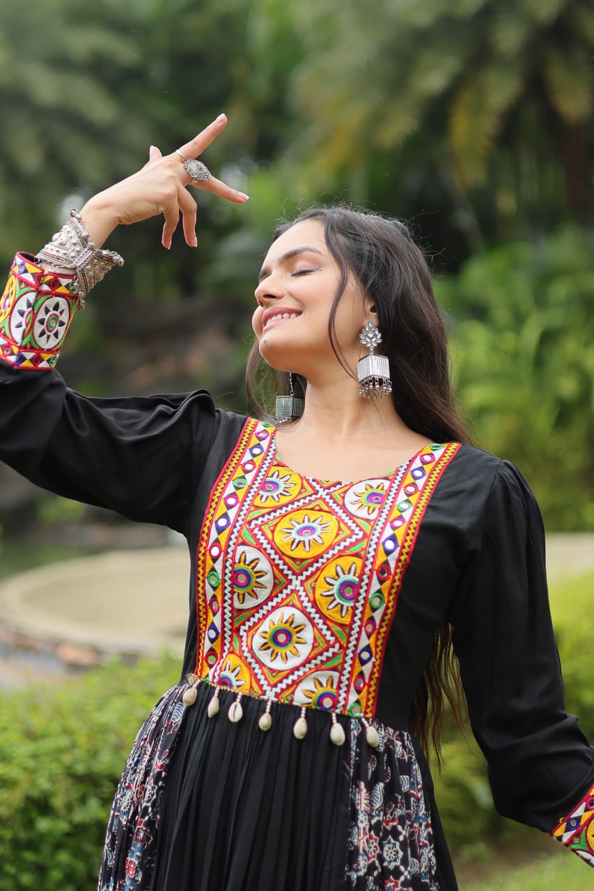 Black Designer Heavy Rayon Gown with Kutchi Gamthi Work and Printed Flair