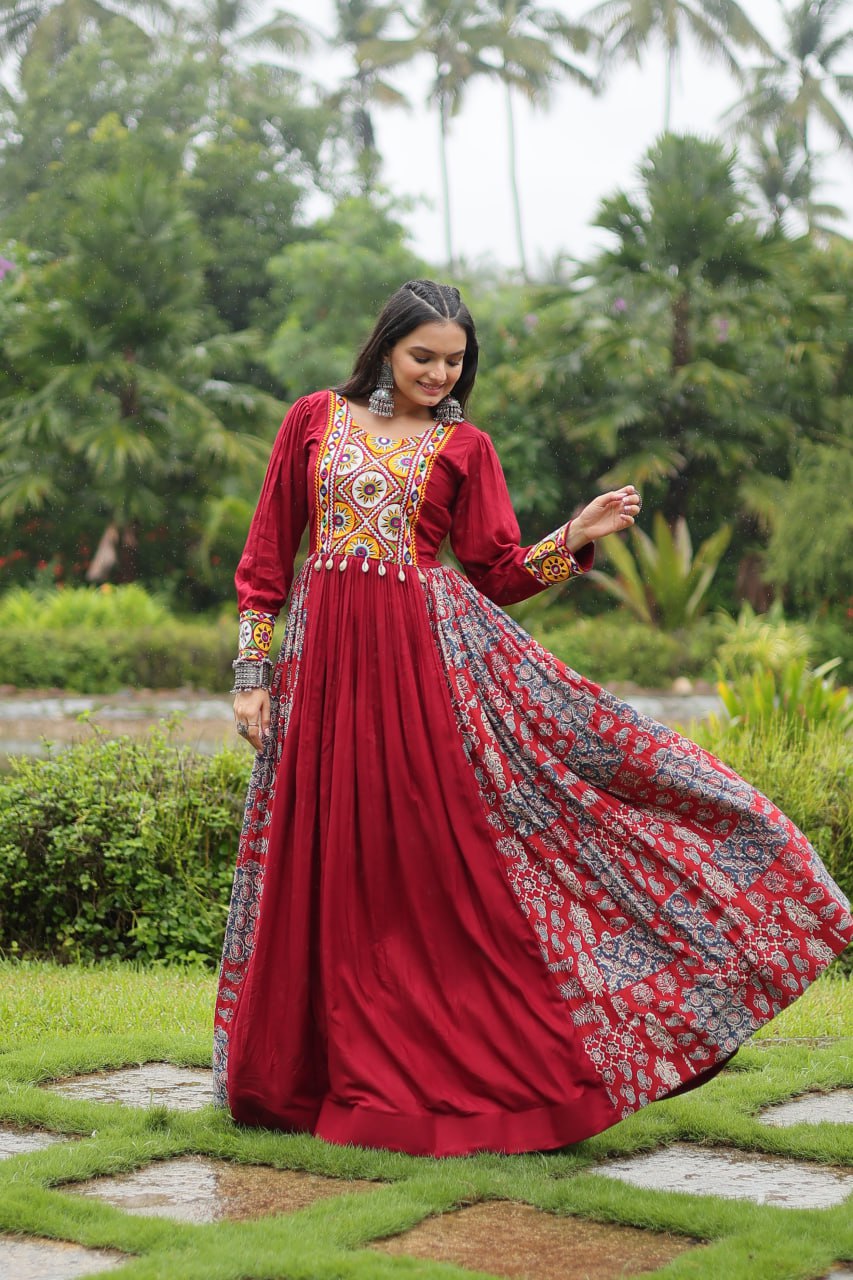 Red Designer Heavy Rayon Gown with Kutchi Gamthi Work and Printed Flair