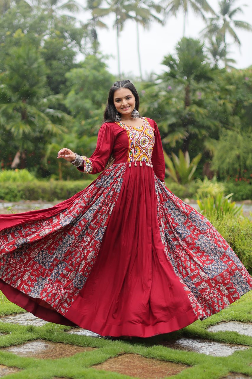 Red Designer Heavy Rayon Gown with Kutchi Gamthi Work and Printed Flair