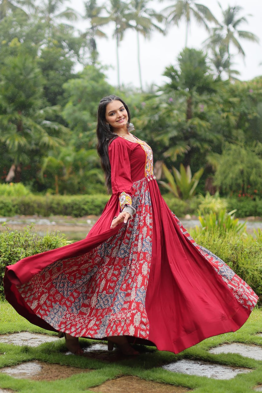 Red Designer Heavy Rayon Gown with Kutchi Gamthi Work and Printed Flair