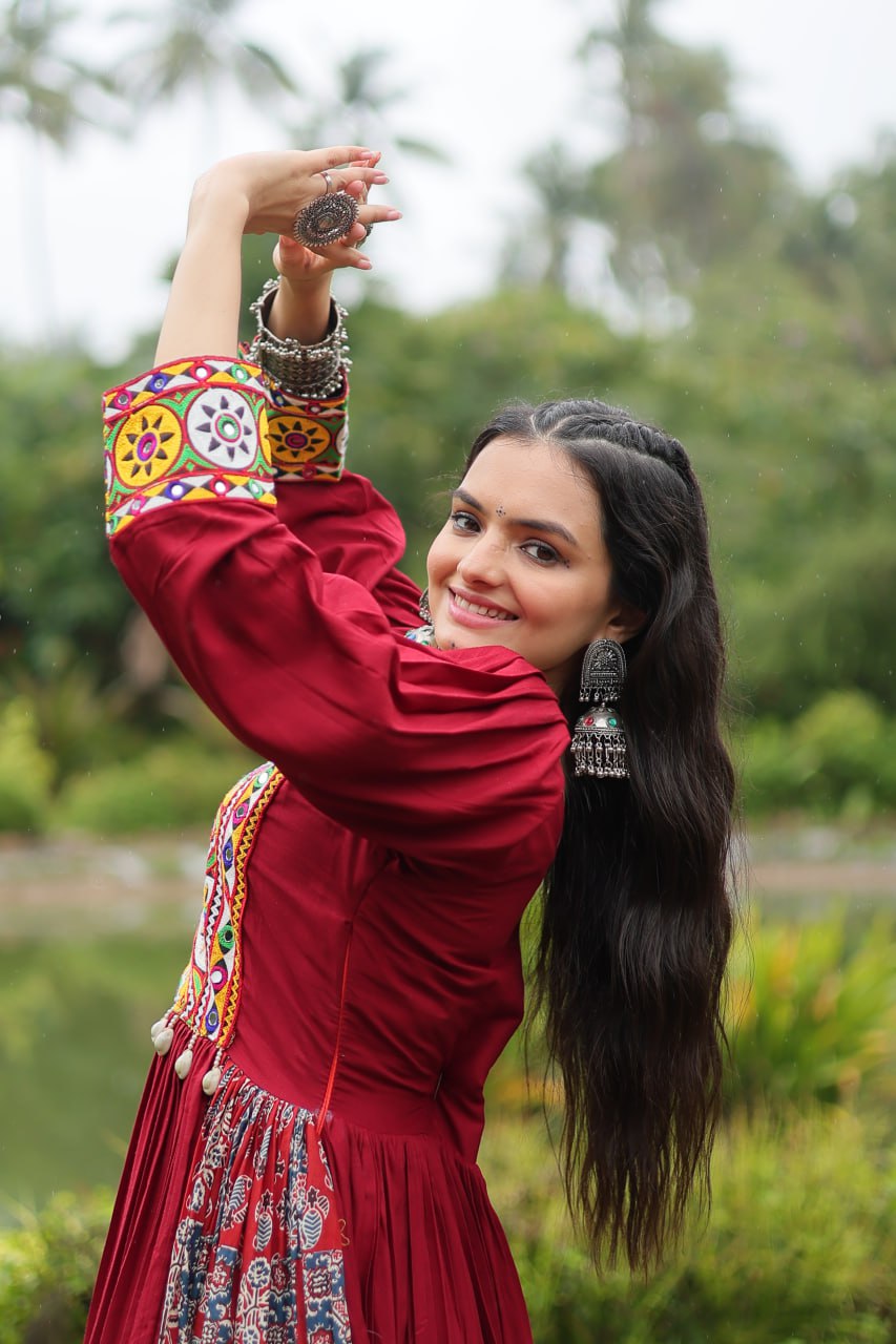 Red Designer Heavy Rayon Gown with Kutchi Gamthi Work and Printed Flair
