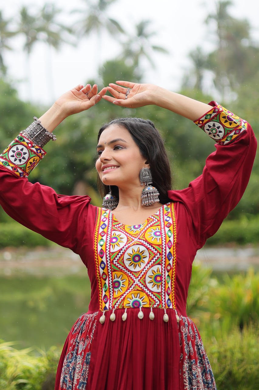 Red Designer Heavy Rayon Gown with Kutchi Gamthi Work and Printed Flair