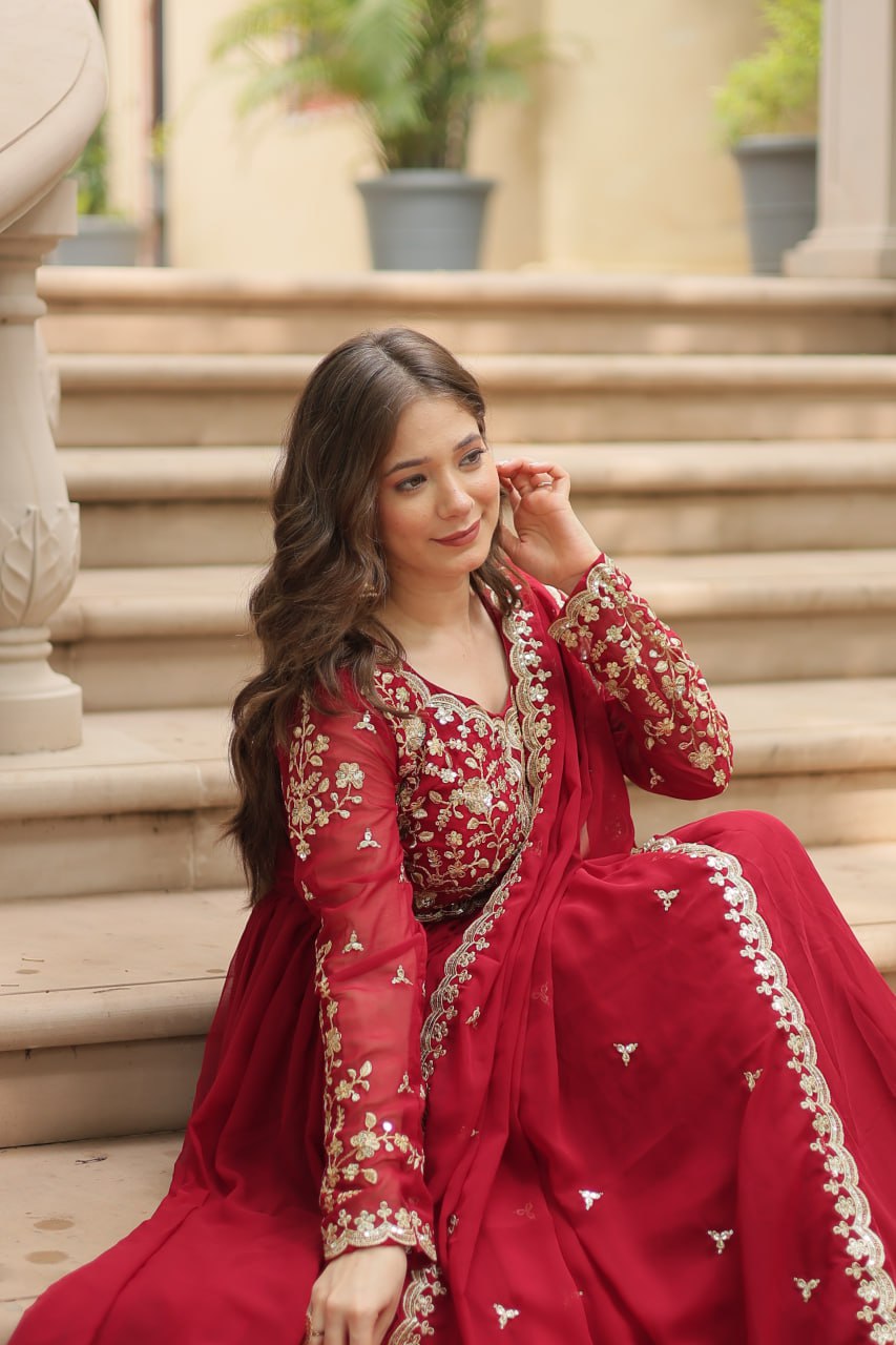 Red Faux Blooming Gown with Multi-Embroidery and Sequins Work