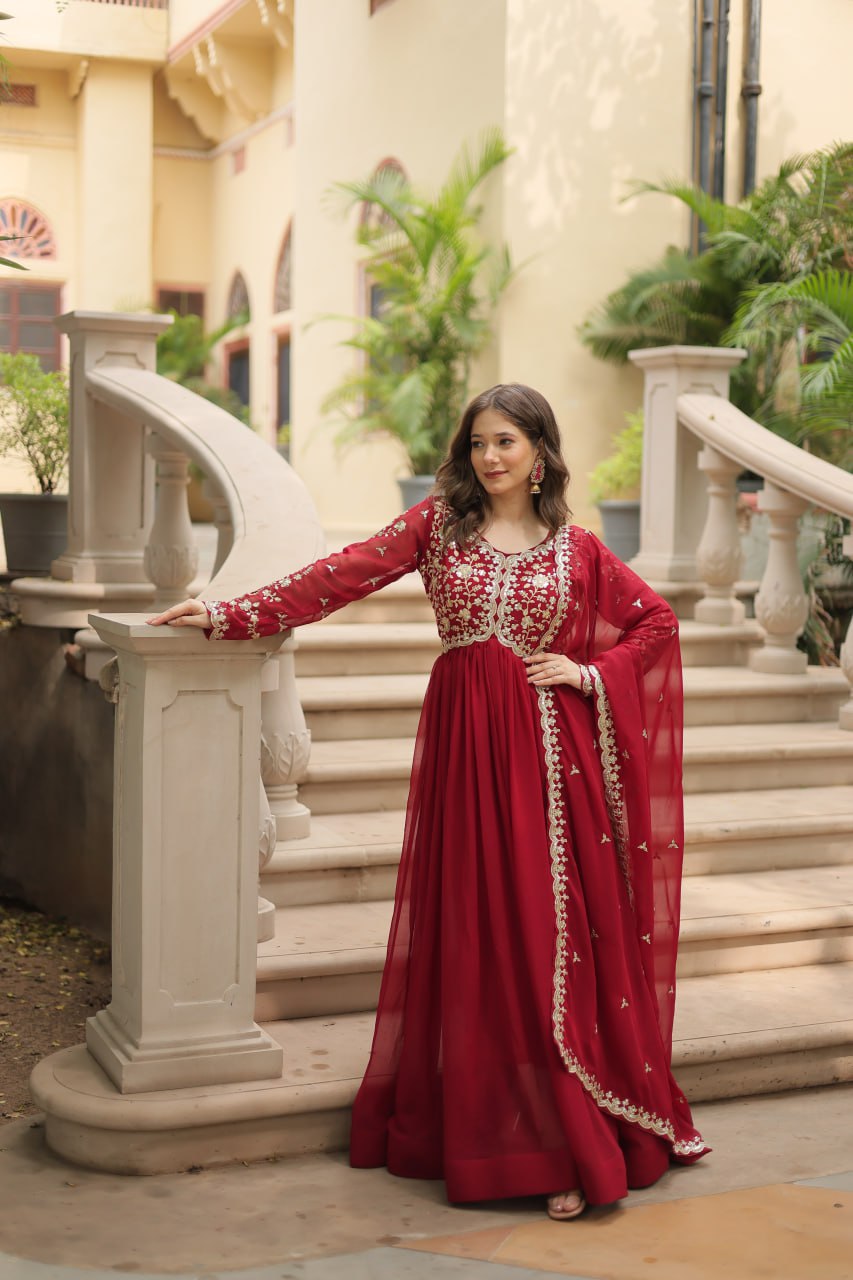 Red Faux Blooming Gown with Multi-Embroidery and Sequins Work