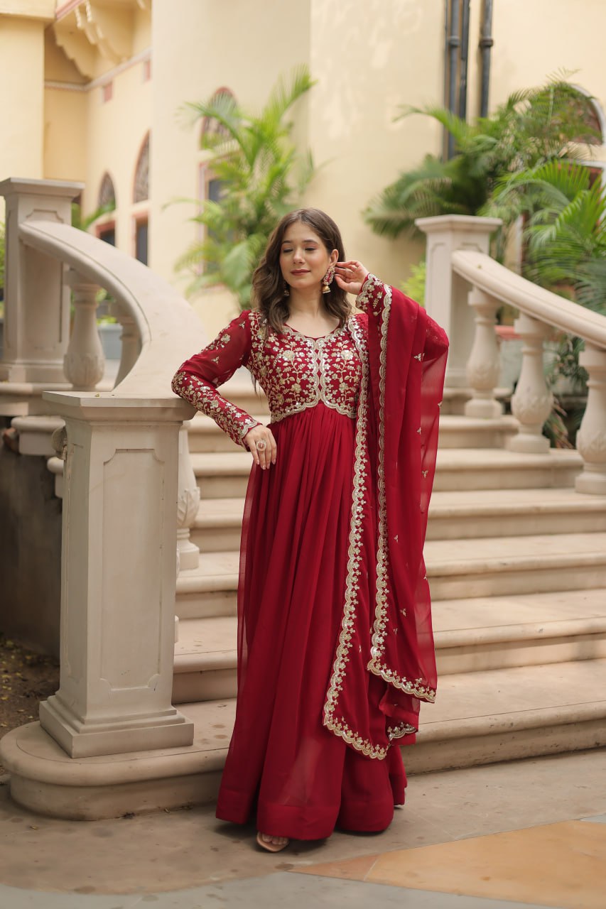 Red Faux Blooming Gown with Multi-Embroidery and Sequins Work