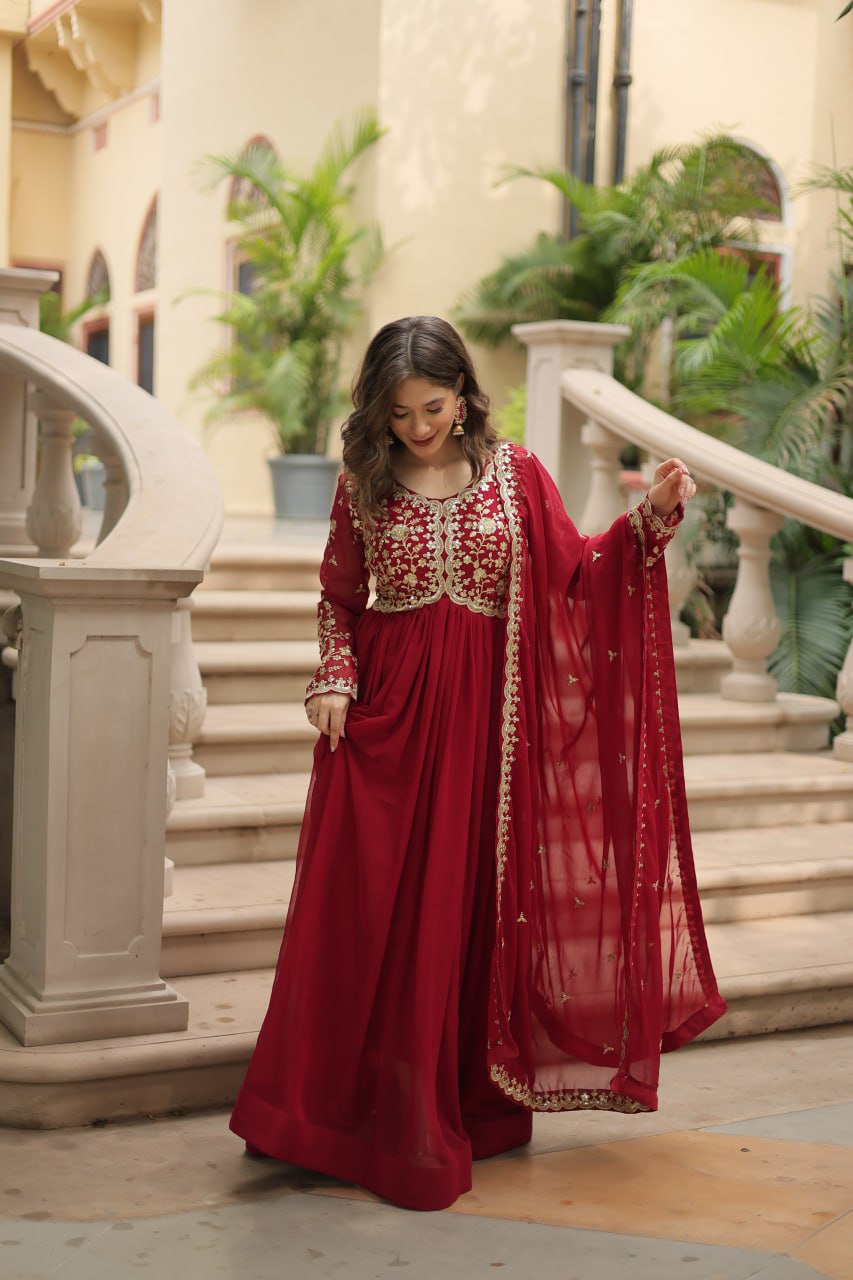 Red Faux Blooming Gown with Multi-Embroidery and Sequins Work