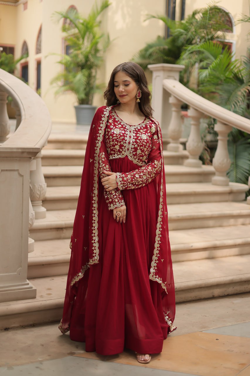 Red Faux Blooming Gown with Multi-Embroidery and Sequins Work