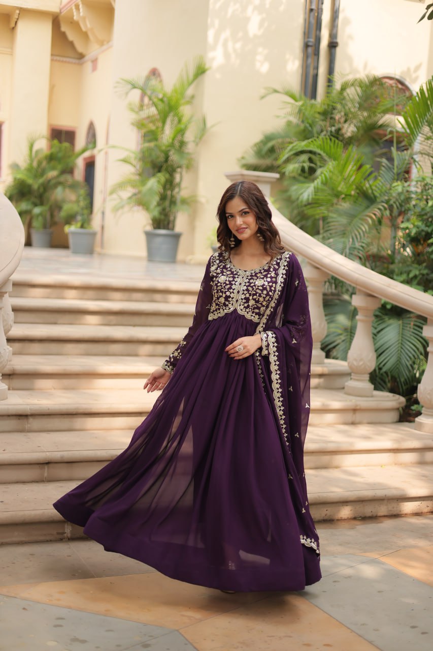 Wine Faux Blooming Gown with Multi-Embroidery and Sequins Work