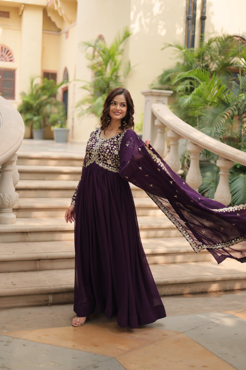 Wine Faux Blooming Gown with Multi-Embroidery and Sequins Work
