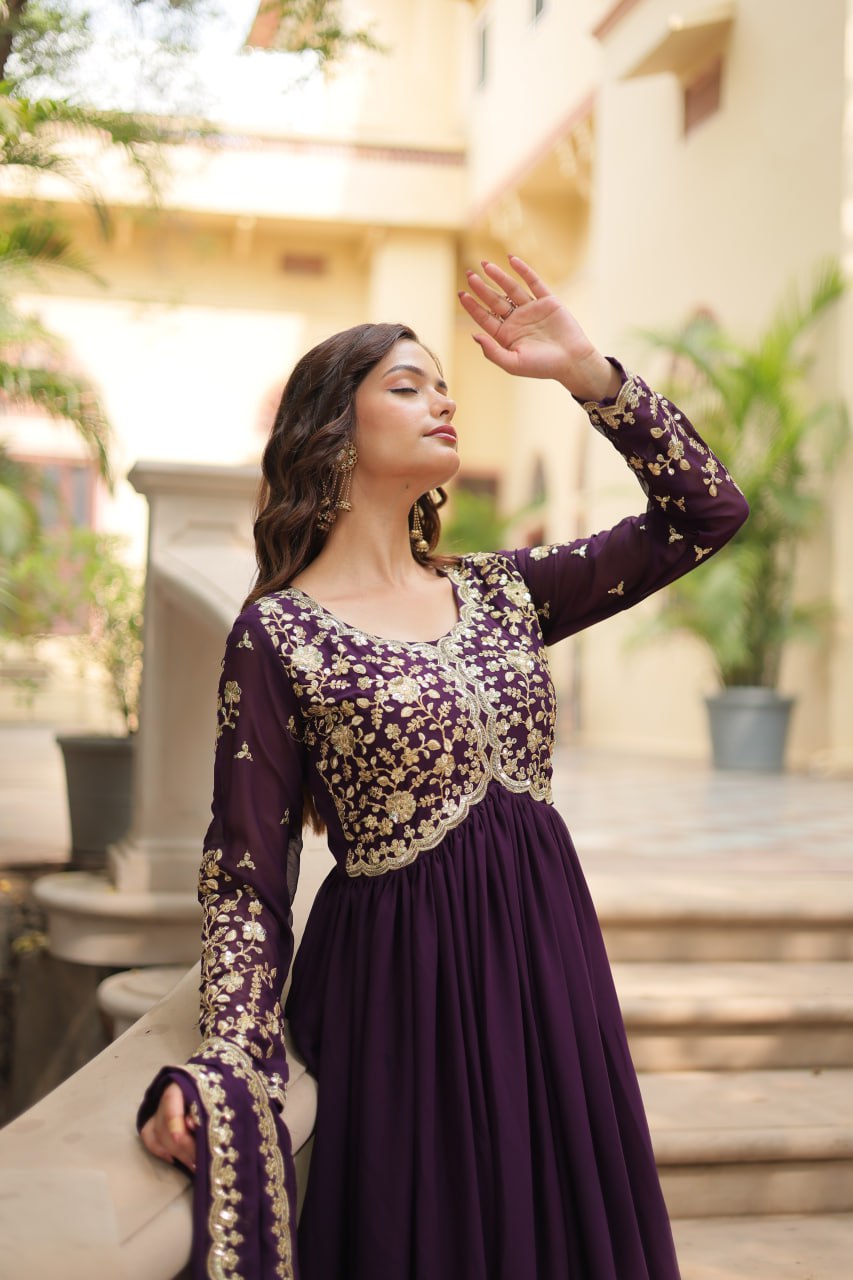 Wine Faux Blooming Gown with Multi-Embroidery and Sequins Work