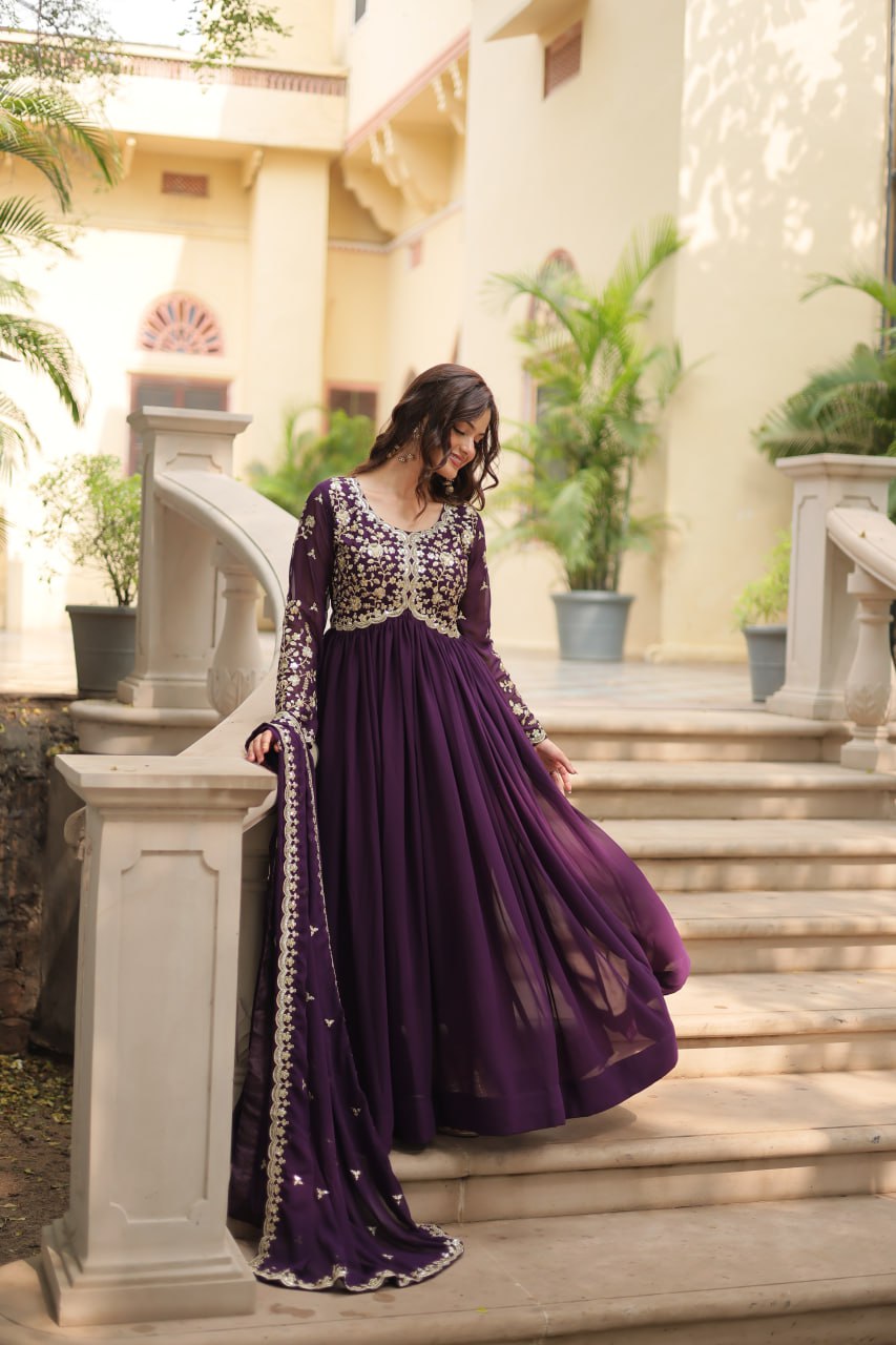 Wine Faux Blooming Gown with Multi-Embroidery and Sequins Work