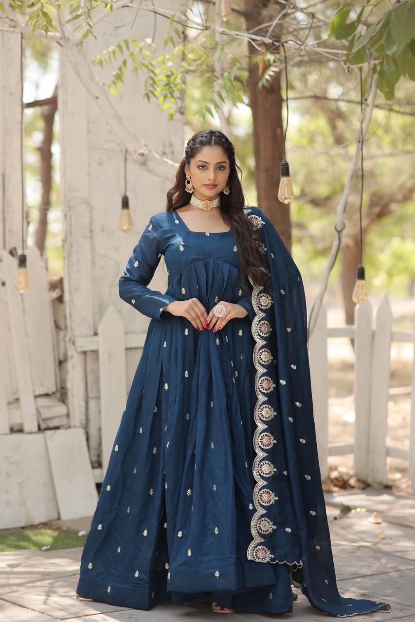 Teal Blue Vichitra Shimmer Gown with Sequins Embroidery and Arco-Cut Dupatta