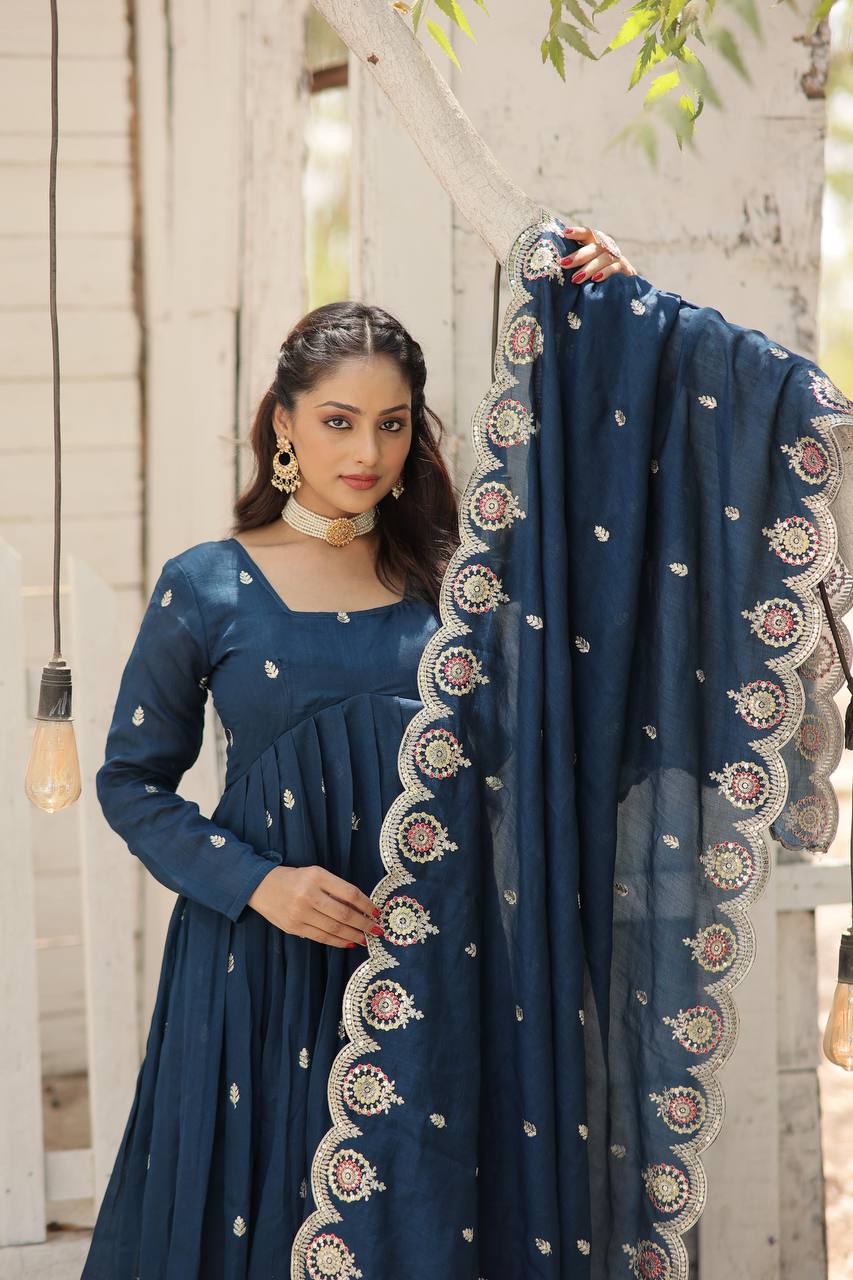 Teal Blue Vichitra Shimmer Gown with Sequins Embroidery and Arco-Cut Dupatta