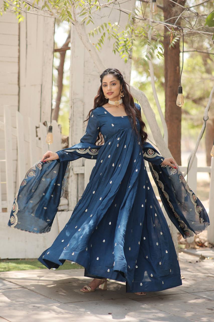 Teal Blue Vichitra Shimmer Gown with Sequins Embroidery and Arco-Cut Dupatta