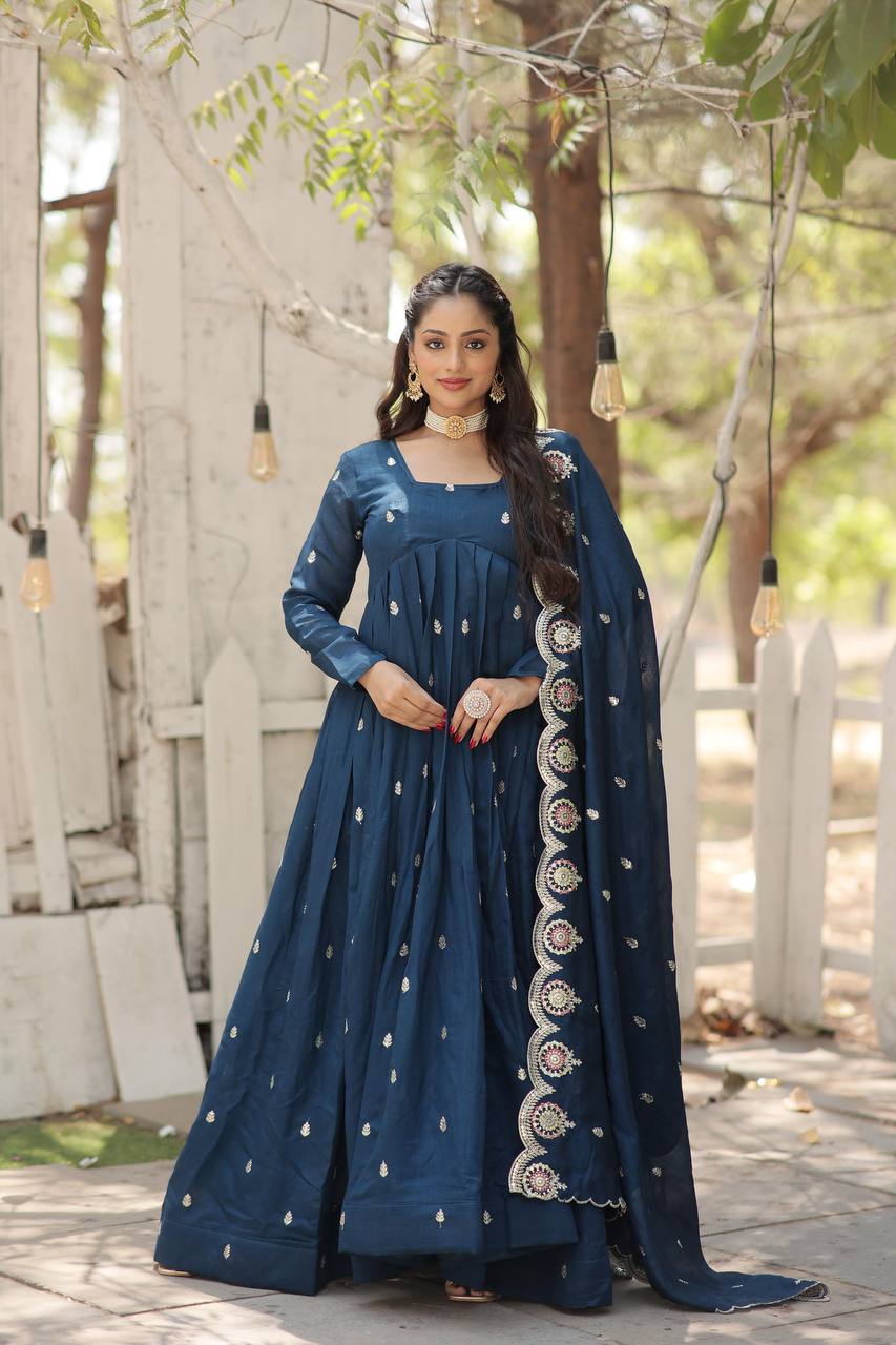 Teal Blue Vichitra Shimmer Gown with Sequins Embroidery and Arco-Cut Dupatta