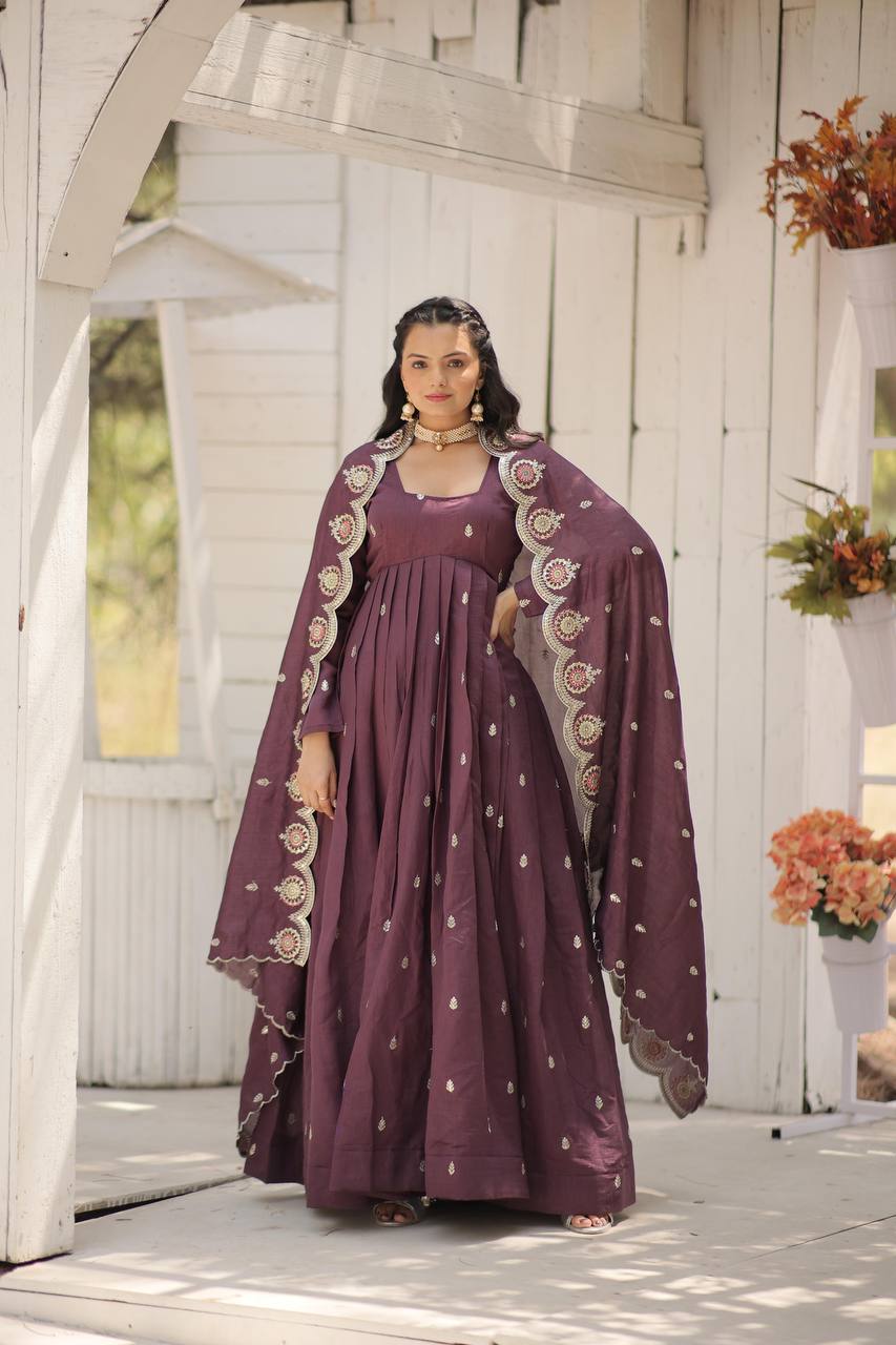 Wine Vichitra Shimmer Gown with Sequins Embroidery and Arco-Cut Dupatta