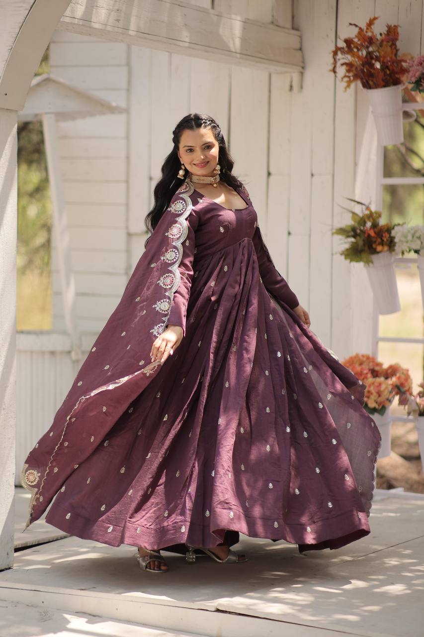 Wine Vichitra Shimmer Gown with Sequins Embroidery and Arco-Cut Dupatta