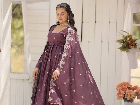 Wine Vichitra Shimmer Gown with Sequins Embroidery and Arco-Cut Dupatta