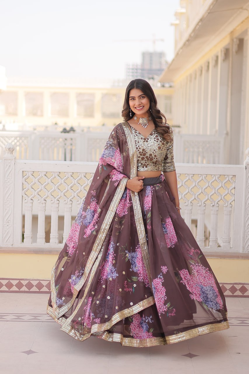 Brown Exquisite Women's Fully Flaired Lehenga Set in Digital Printed Russian Silk with Sequins Embroidery