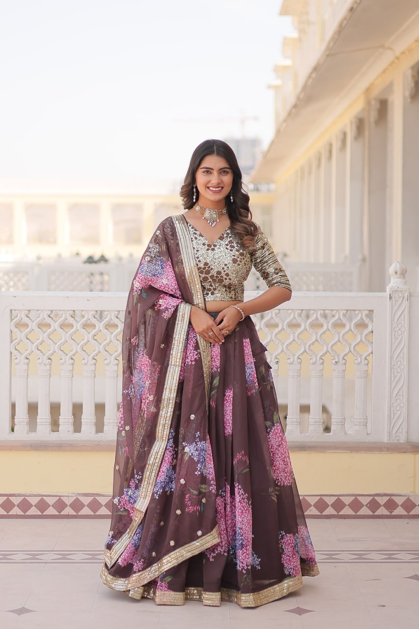 Brown Exquisite Women's Fully Flaired Lehenga Set in Digital Printed Russian Silk with Sequins Embroidery
