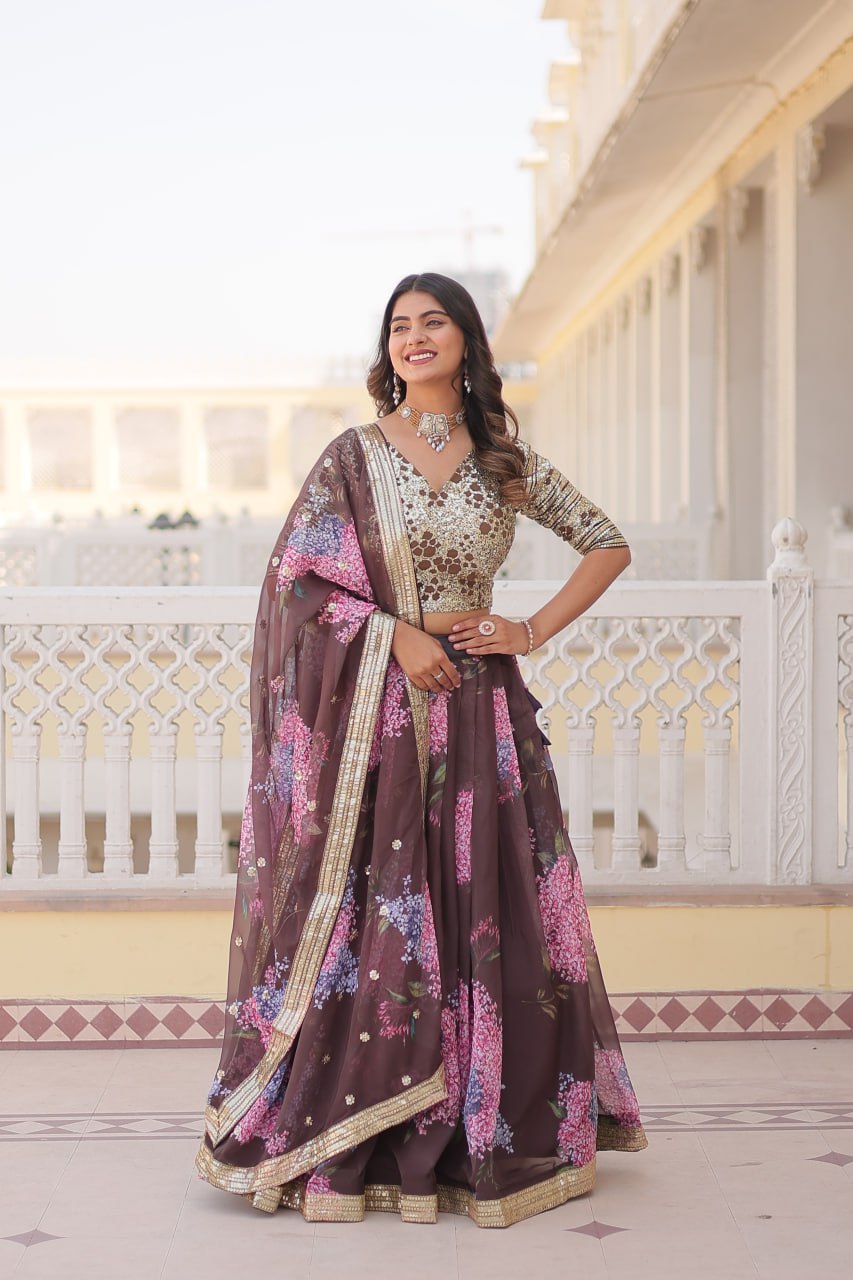 Brown Exquisite Women's Fully Flaired Lehenga Set in Digital Printed Russian Silk with Sequins Embroidery