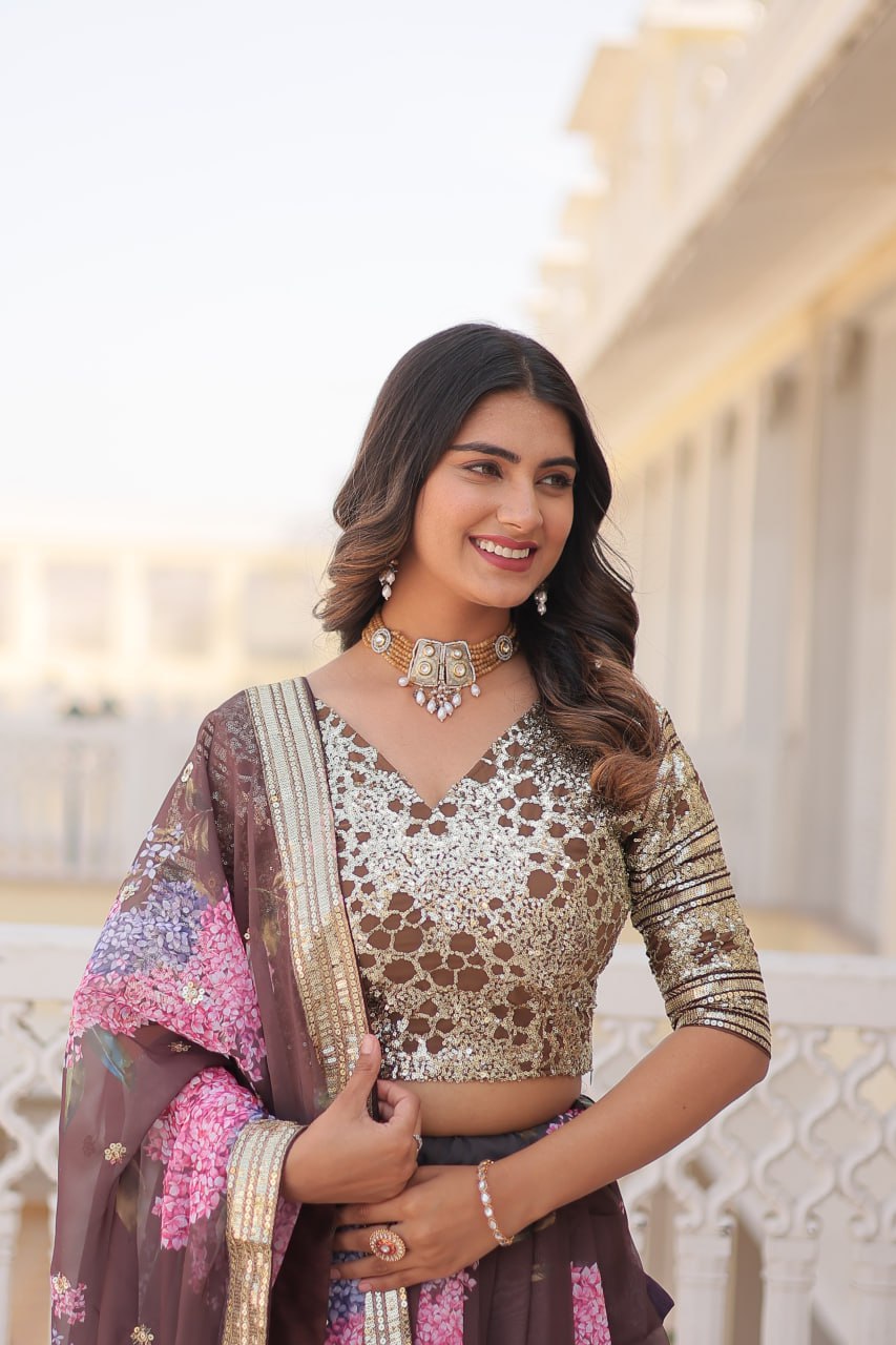 Brown Exquisite Women's Fully Flaired Lehenga Set in Digital Printed Russian Silk with Sequins Embroidery