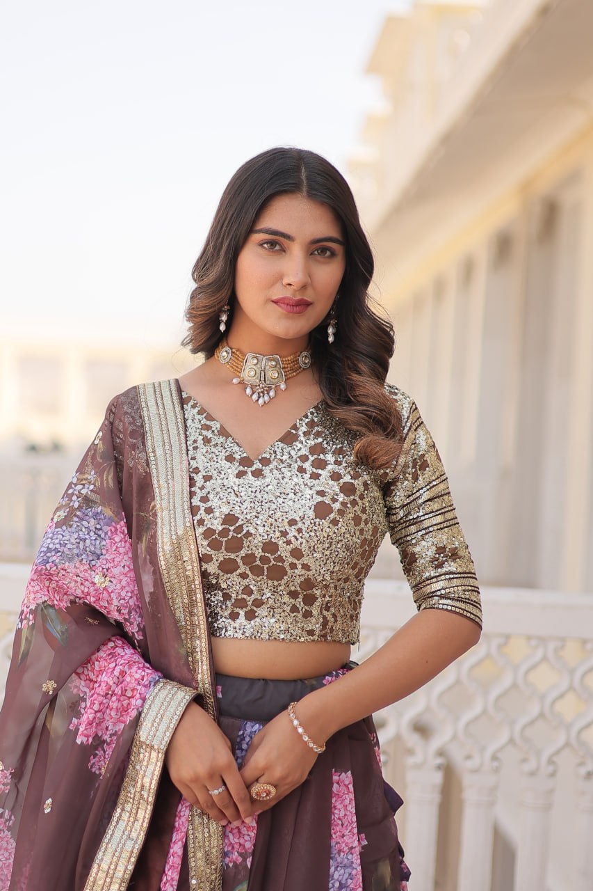 Brown Exquisite Women's Fully Flaired Lehenga Set in Digital Printed Russian Silk with Sequins Embroidery