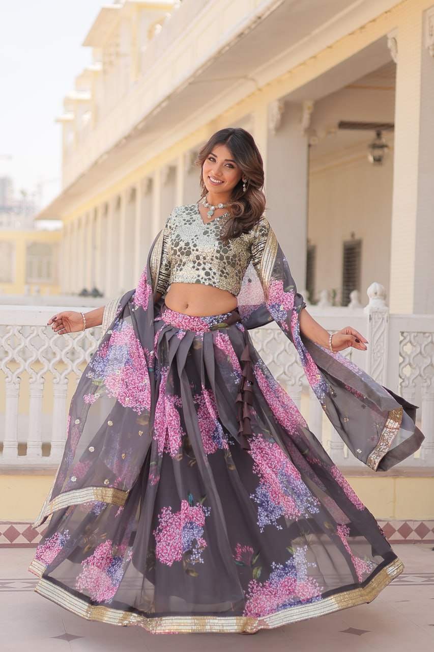 Gray Exquisite Women's Fully Flaired Lehenga Set in Digital Printed Russian Silk with Sequins Embroidery