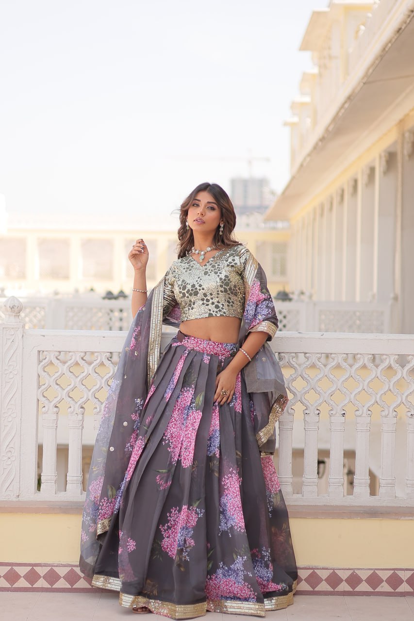 Gray Exquisite Women's Fully Flaired Lehenga Set in Digital Printed Russian Silk with Sequins Embroidery