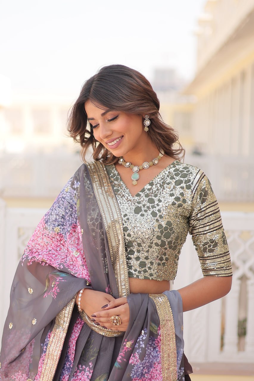Gray Exquisite Women's Fully Flaired Lehenga Set in Digital Printed Russian Silk with Sequins Embroidery