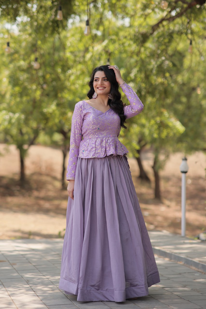 Purple Trendy Co-ord Set with Pure Viscose Dayble Flower Design and Sequins Embroidered Blouse