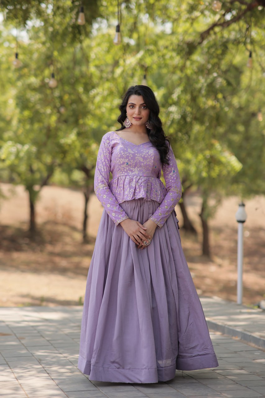 Purple Trendy Co-ord Set with Pure Viscose Dayble Flower Design and Sequins Embroidered Blouse
