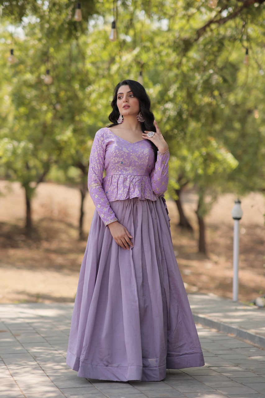 Purple Trendy Co-ord Set with Pure Viscose Dayble Flower Design and Sequins Embroidered Blouse