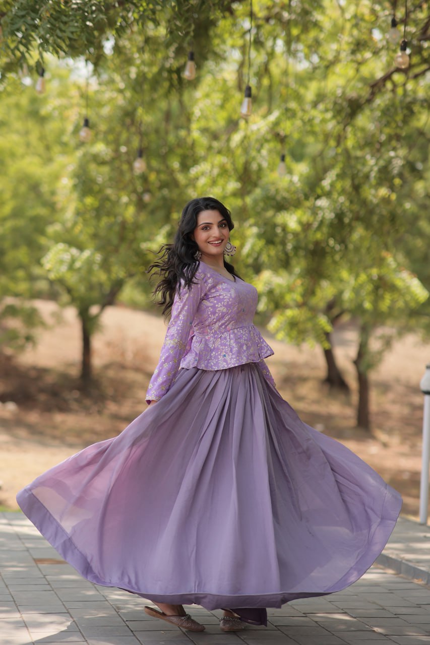 Purple Trendy Co-ord Set with Pure Viscose Dayble Flower Design and Sequins Embroidered Blouse
