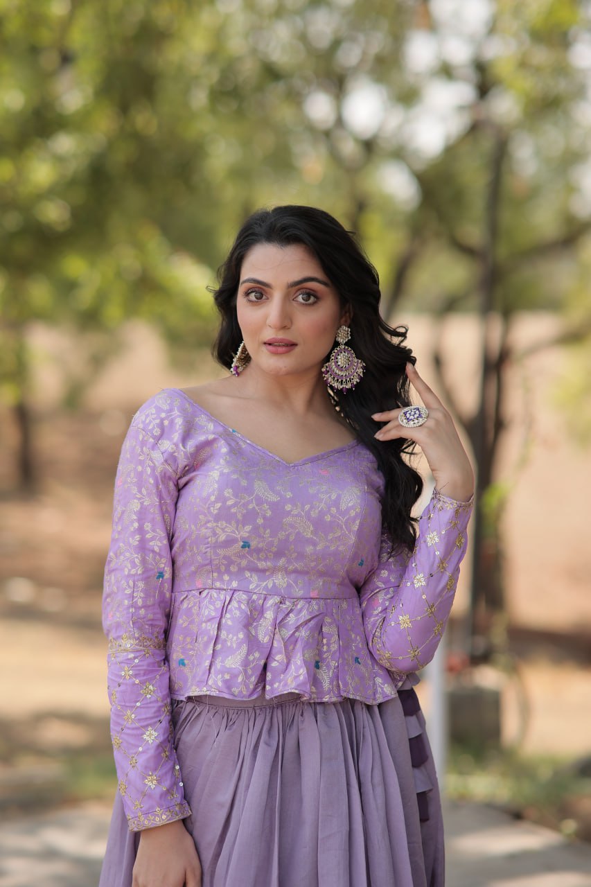 Purple Trendy Co-ord Set with Pure Viscose Dayble Flower Design and Sequins Embroidered Blouse