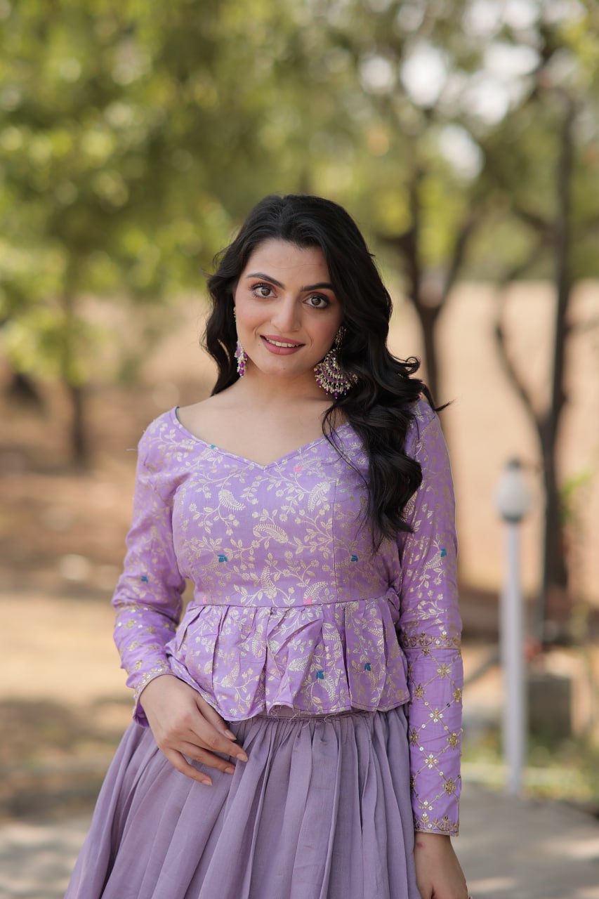 Purple Trendy Co-ord Set with Pure Viscose Dayble Flower Design and Sequins Embroidered Blouse