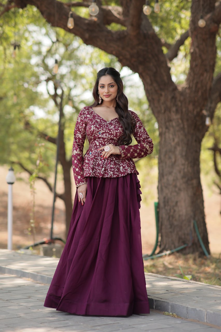 Wine Trendy Co-ord Set with Pure Viscose Dayble Flower Design and Sequins Embroidered Blouse