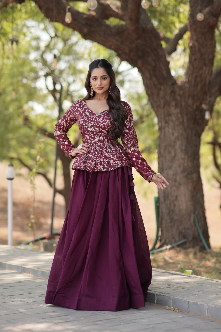 Wine Trendy Co-ord Set with Pure Viscose Dayble Flower Design and Sequins Embroidered Blouse