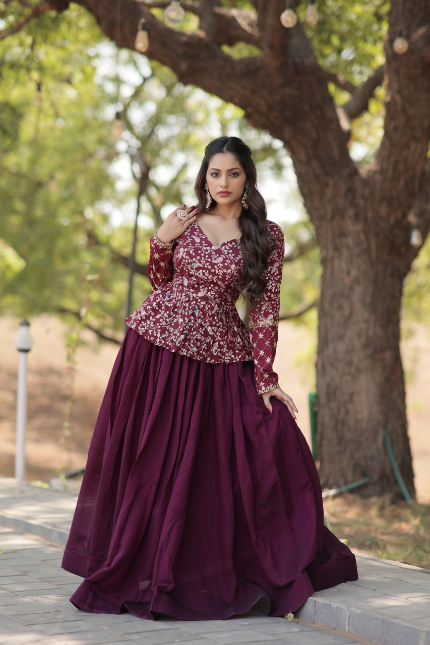 Wine Trendy Co-ord Set with Pure Viscose Dayble Flower Design and Sequins Embroidered Blouse