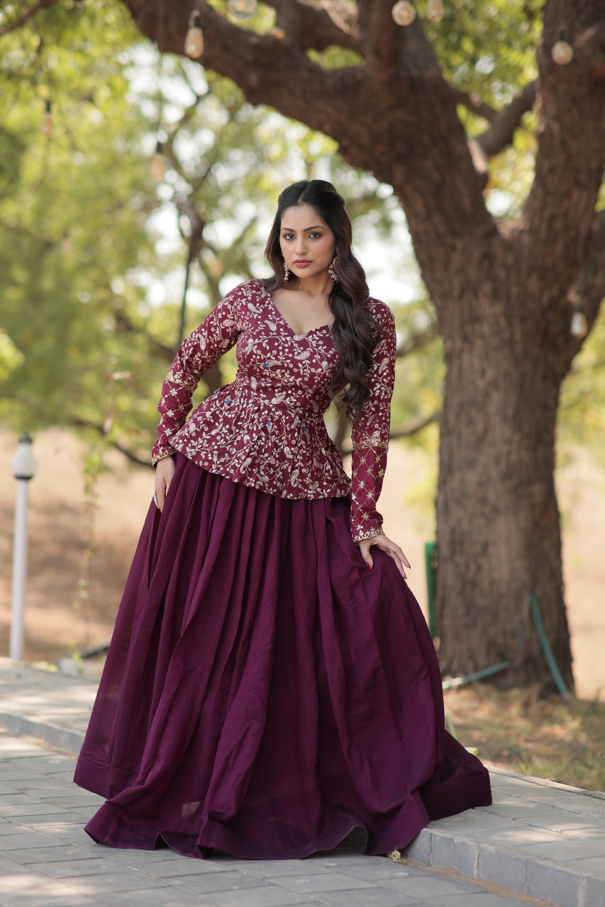Wine Trendy Co-ord Set with Pure Viscose Dayble Flower Design and Sequins Embroidered Blouse