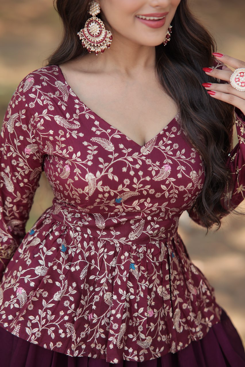 Wine Trendy Co-ord Set with Pure Viscose Dayble Flower Design and Sequins Embroidered Blouse