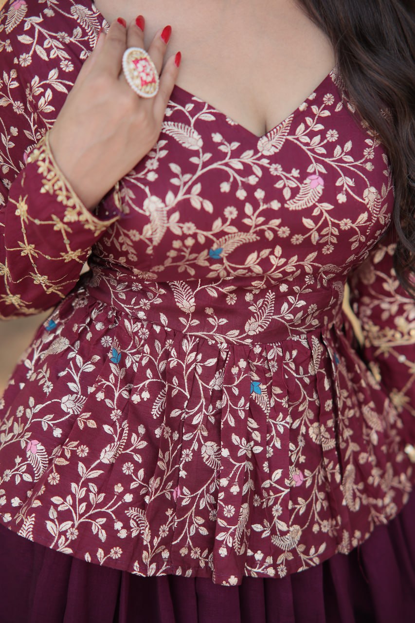 Wine Trendy Co-ord Set with Pure Viscose Dayble Flower Design and Sequins Embroidered Blouse